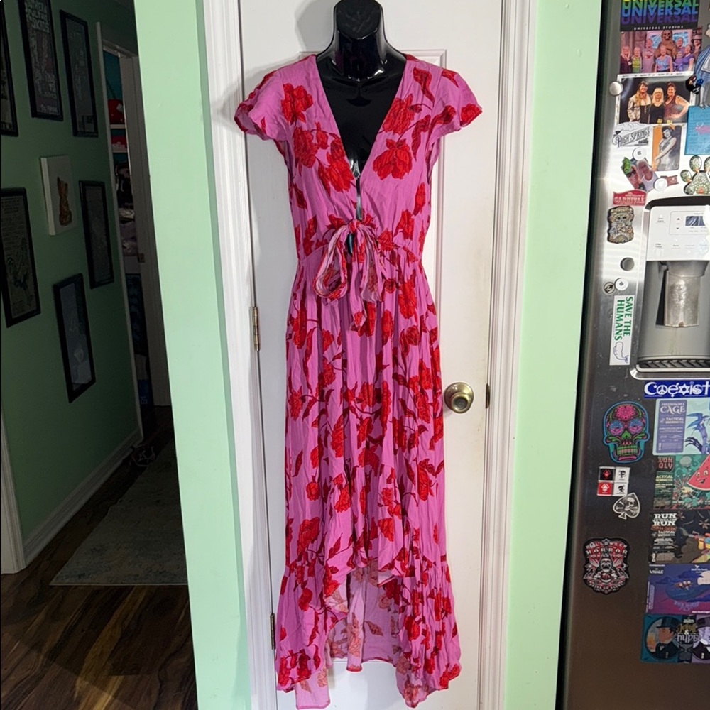 Vici Pink & Red Floral Cut Out Hi-Low Summer Vacation Dress Size Large